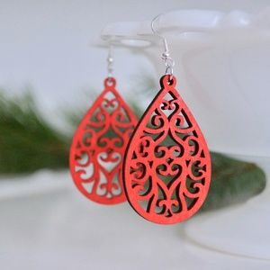 NEW Red Laser Cut Lightweight Wooden Earrings